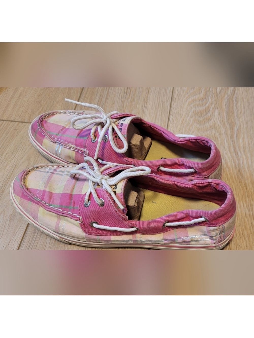 Sperry Pink Plaid Canvas Moccasins